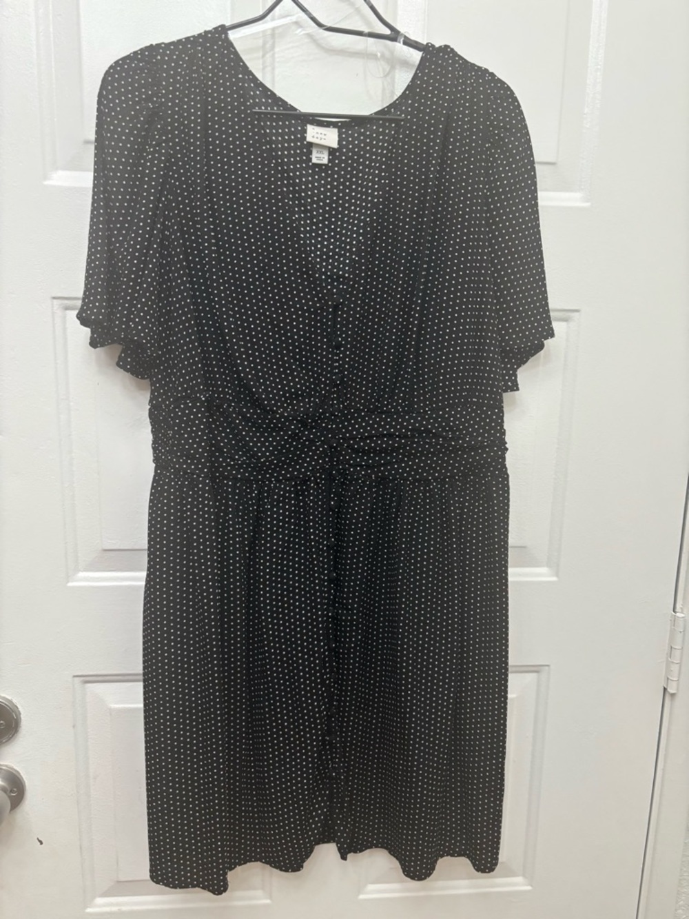 a new day 100% Rayon Black with White Polka Dot Tie-Front Midi Dress